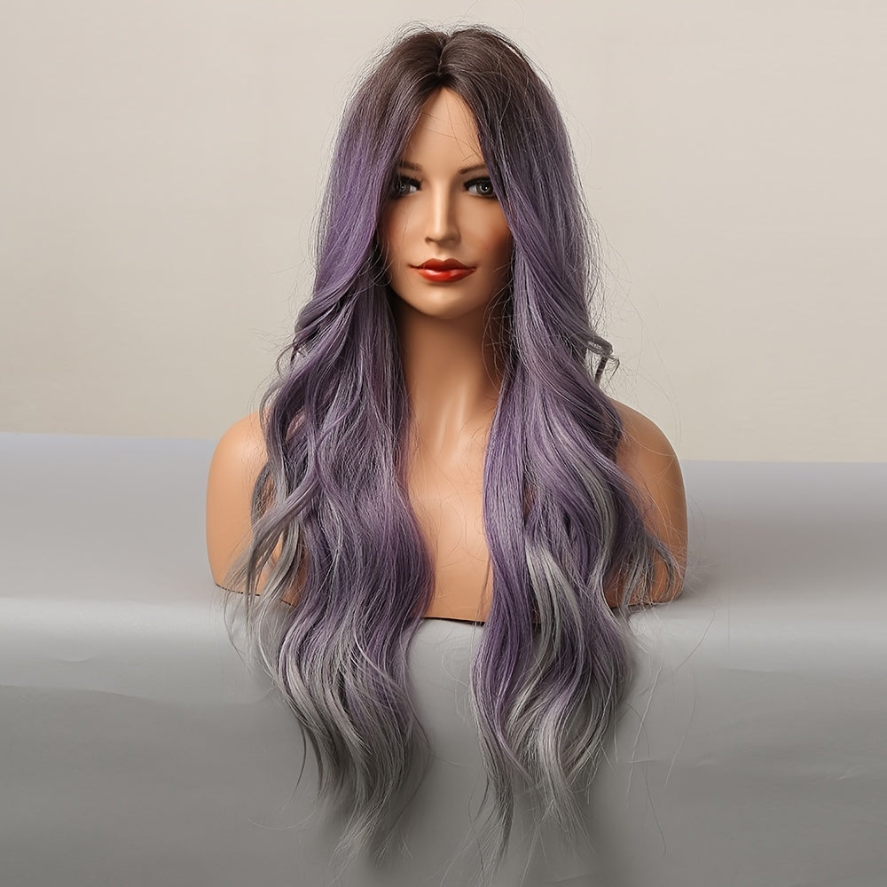 Luminous Butterfly Cut Ombre Purple Wig - Womens Long, Natural Wavy Synthetic Hair with Heat Resistant Fiber, Dark Brown Roots, and Flattering 26 Inch Middle Part